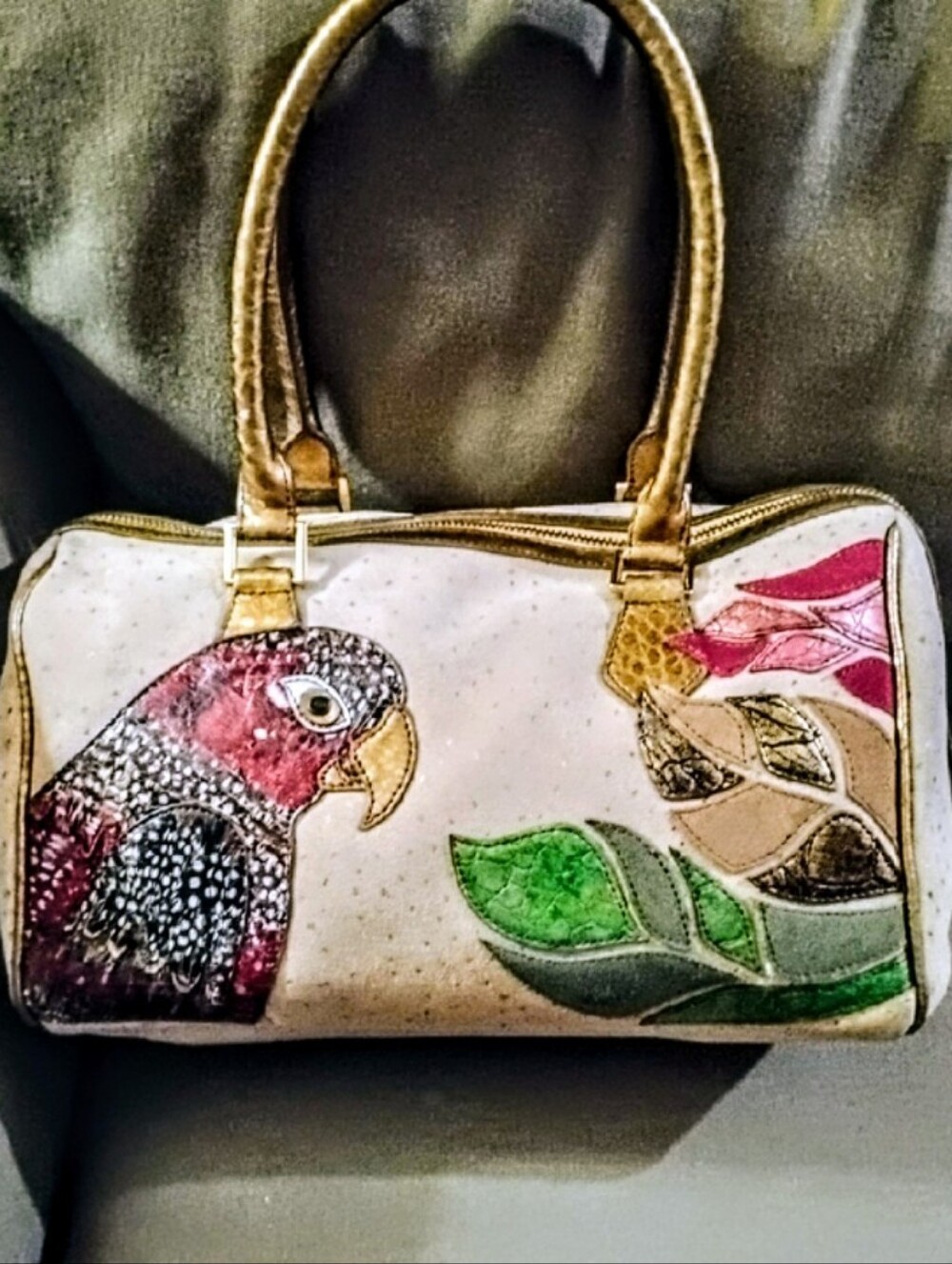SHARIF HandPainted Parrot Accent Satchel!  Tan, Metallic Gold, Red Green & Brown